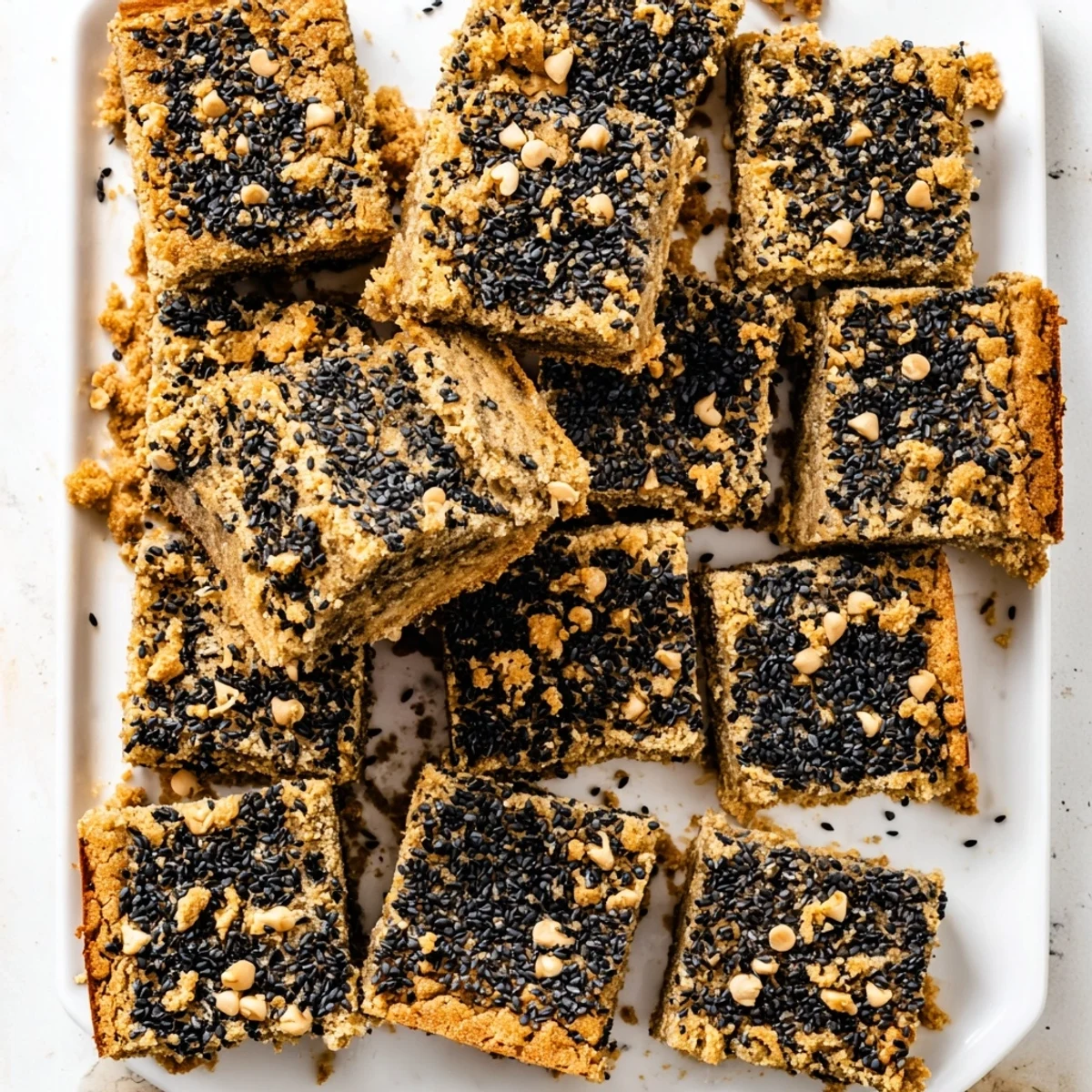 Fudgy black sesame blondies sprinkled with crunchy sesame seeds on a marble serving board