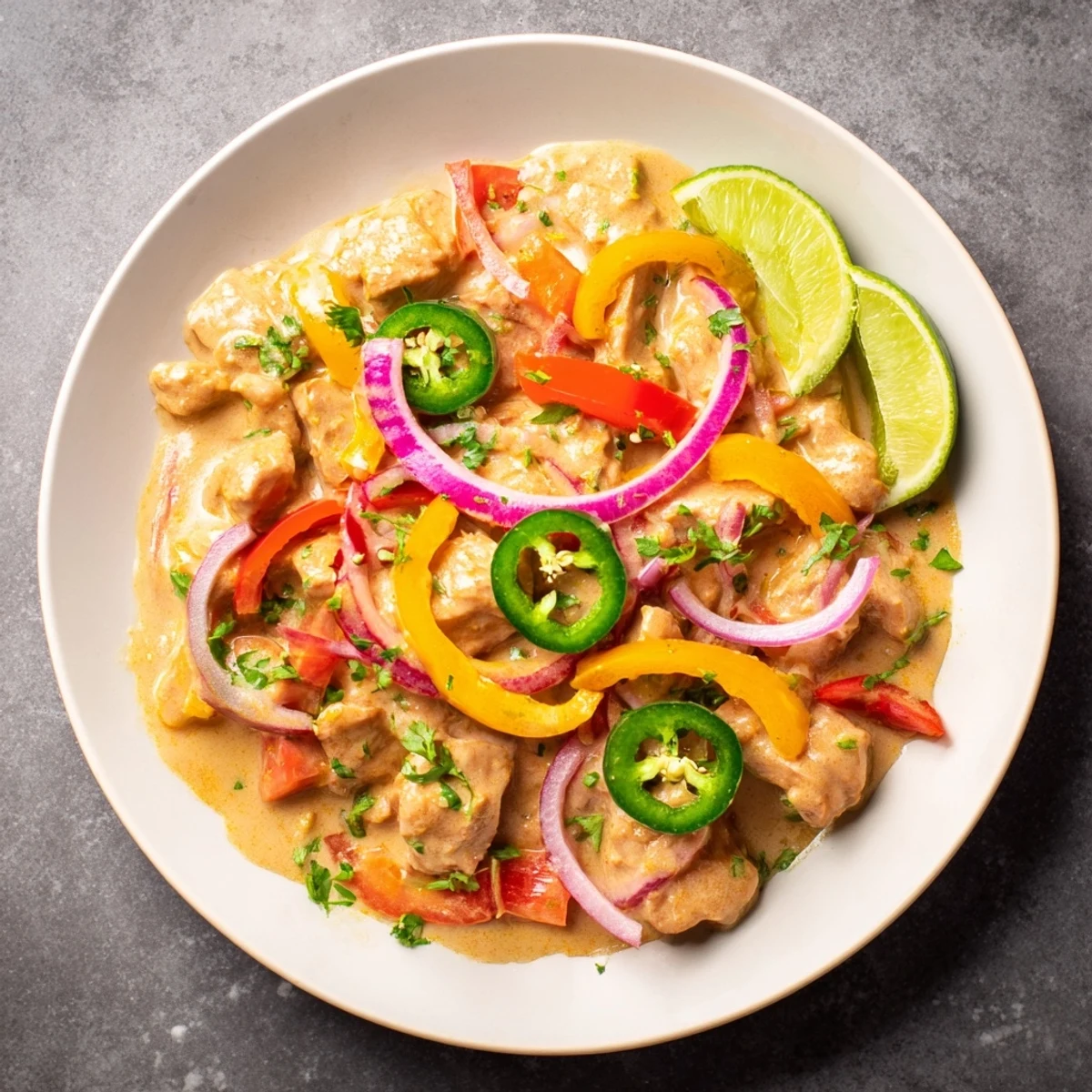 Tender chicken thighs in rich coconut milk sauce with tomatoes and sliced peppers served over white rice