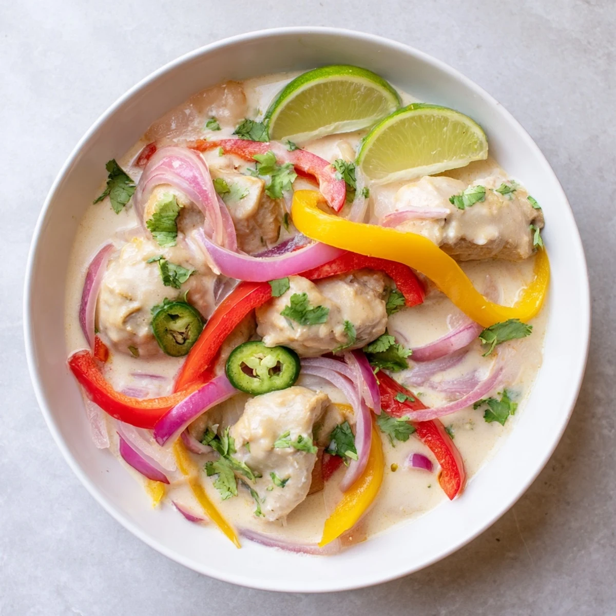 Golden spicy Brazilian coconut chicken simmered in creamy white sauce with colorful bell peppers and fresh cilantro garnish