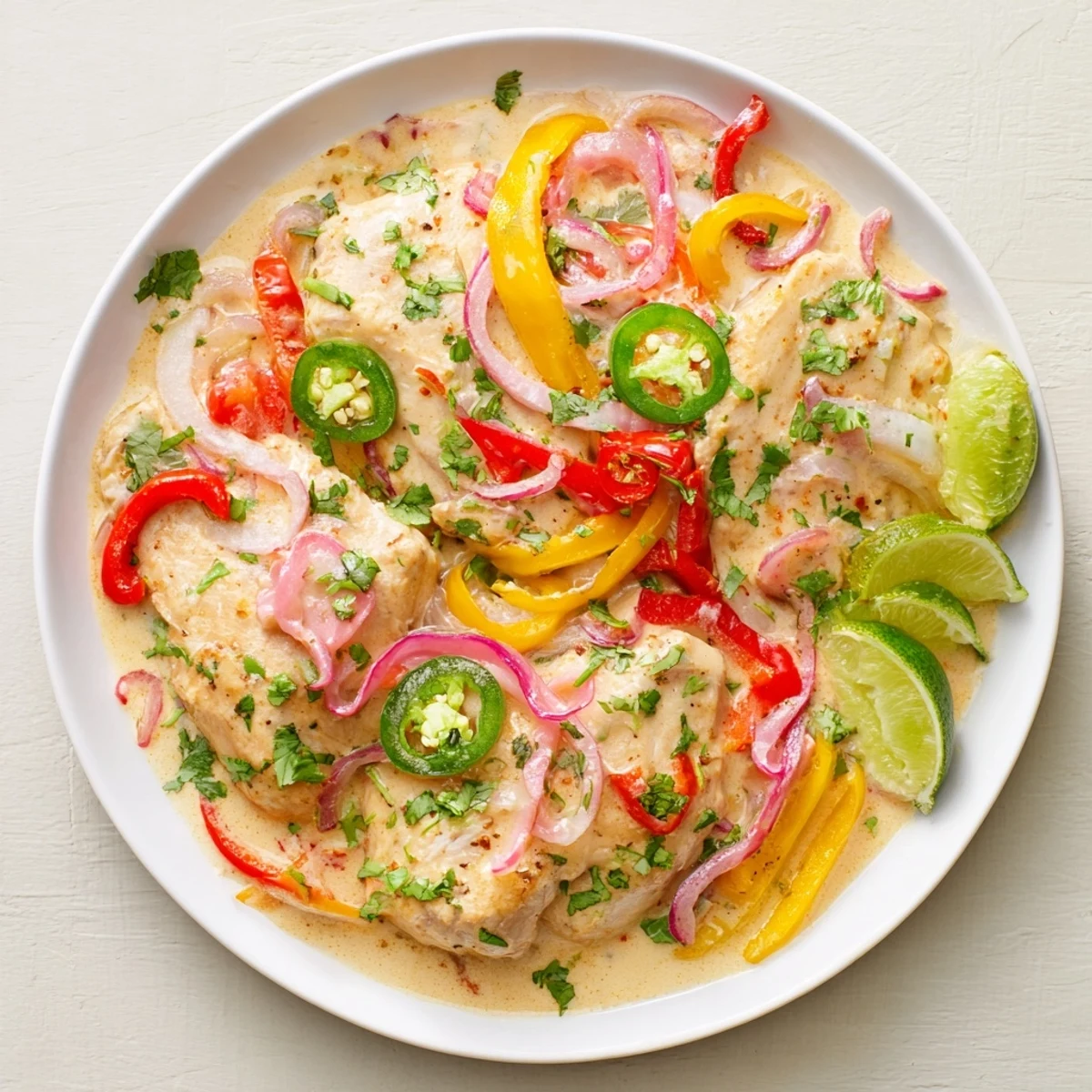 Vibrant Brazilian Moqueca de frango featuring marinated chicken in aromatic coconut curry with red pepper flakes and lime wedges