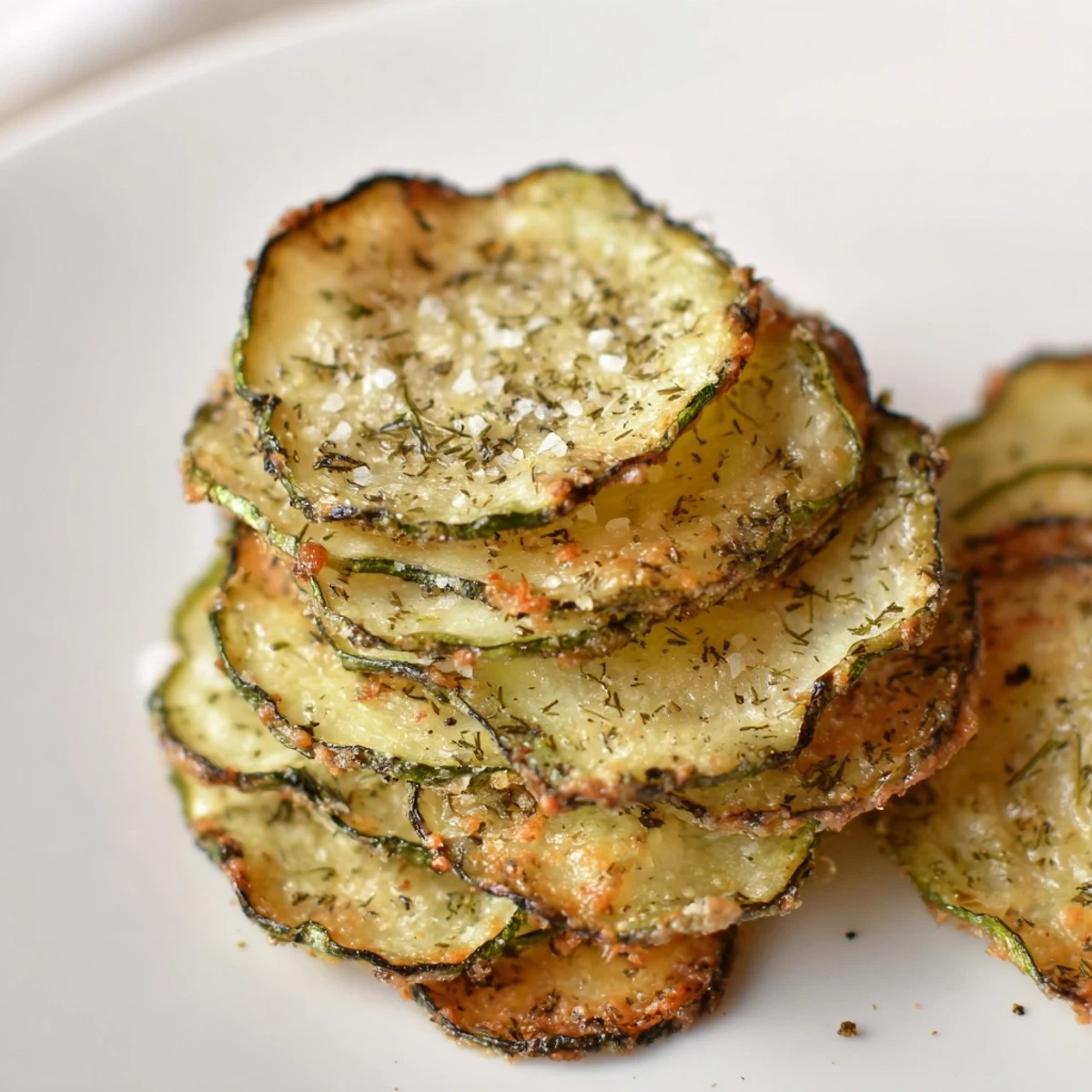 Crispy seasoned cucumber chips stacked neatly showing their golden ranch coating texture