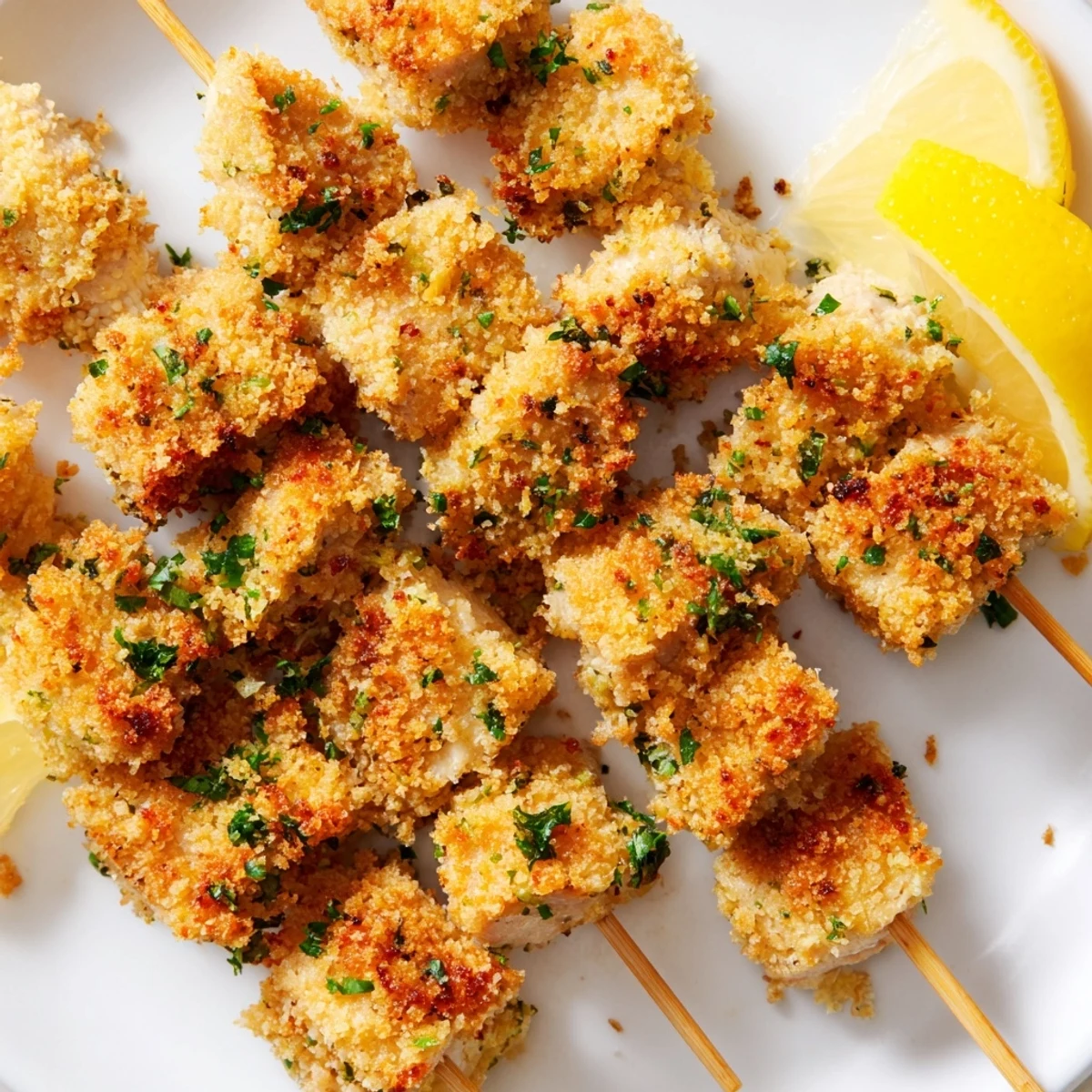 Succulent garlic Parmesan chicken skewers arranged on serving platter with lemon wedges and green herbs
