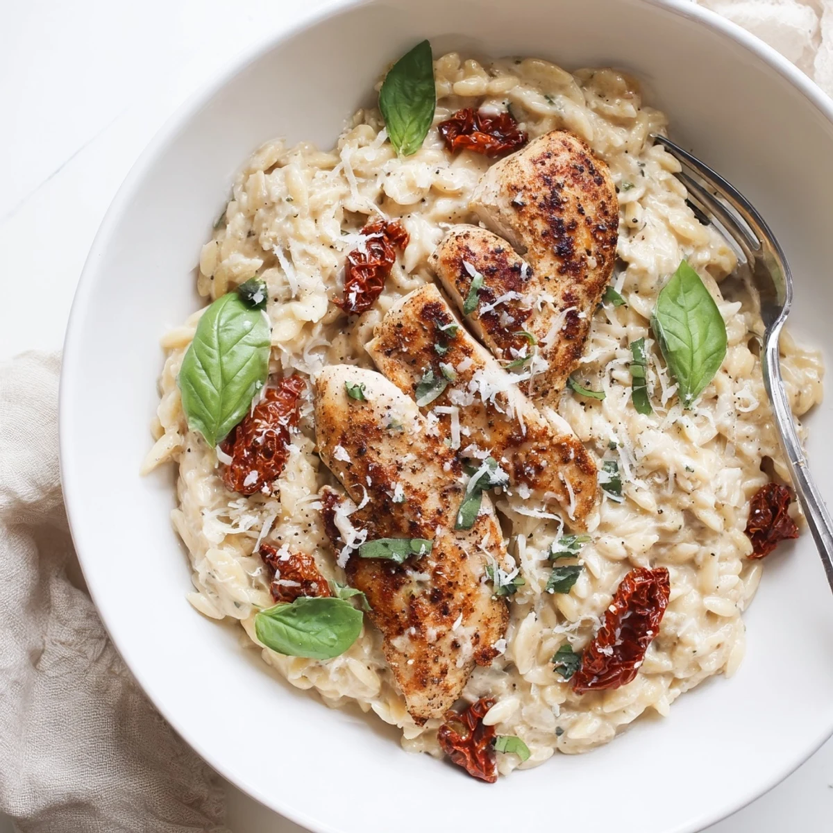 Creamy Marry Me Chicken Orzo bubbling in a skillet with melted Parmesan and vibrant red tomato pieces