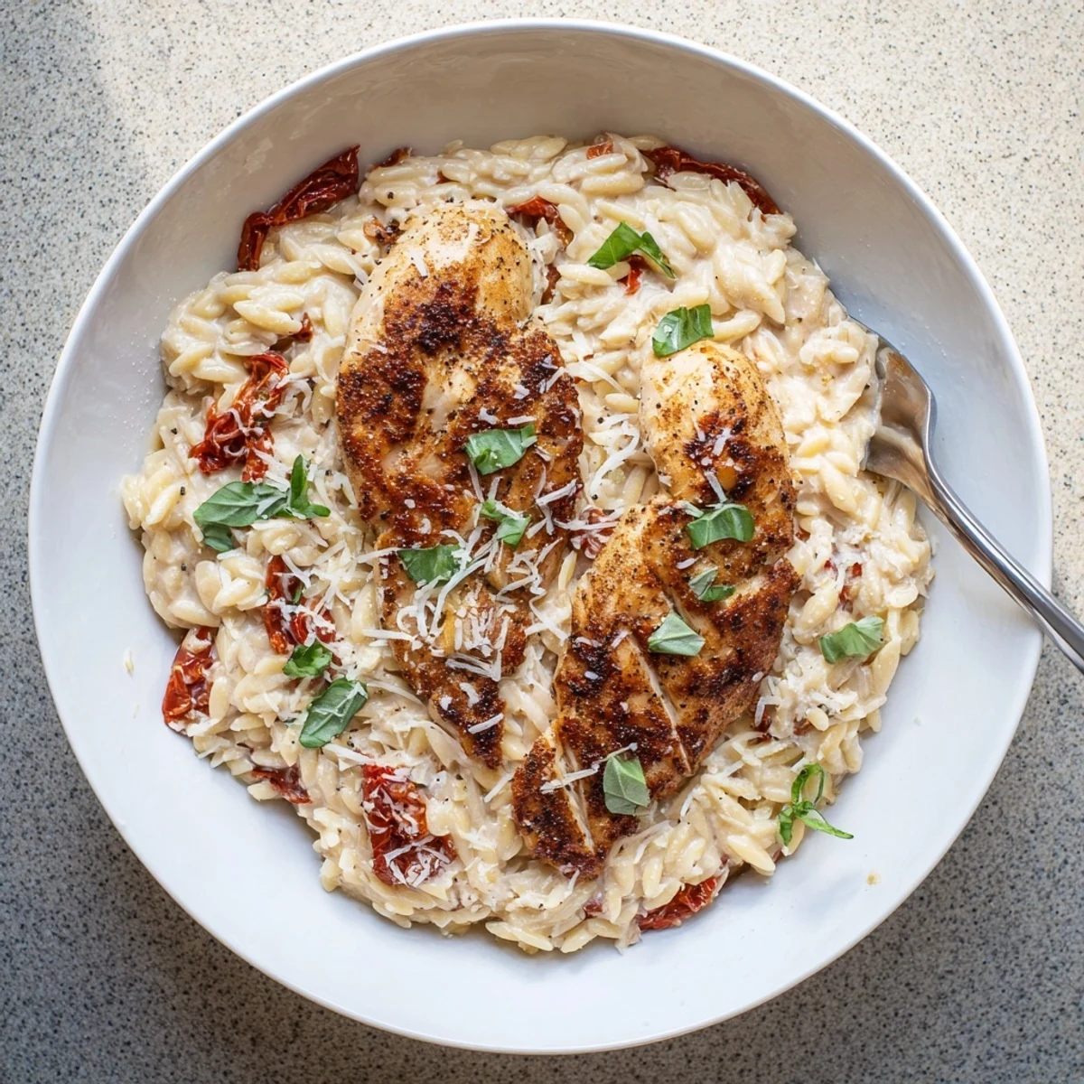 Romantic dinner plate featuring tender chicken and al dente orzo coated in rich garlic cream sauce