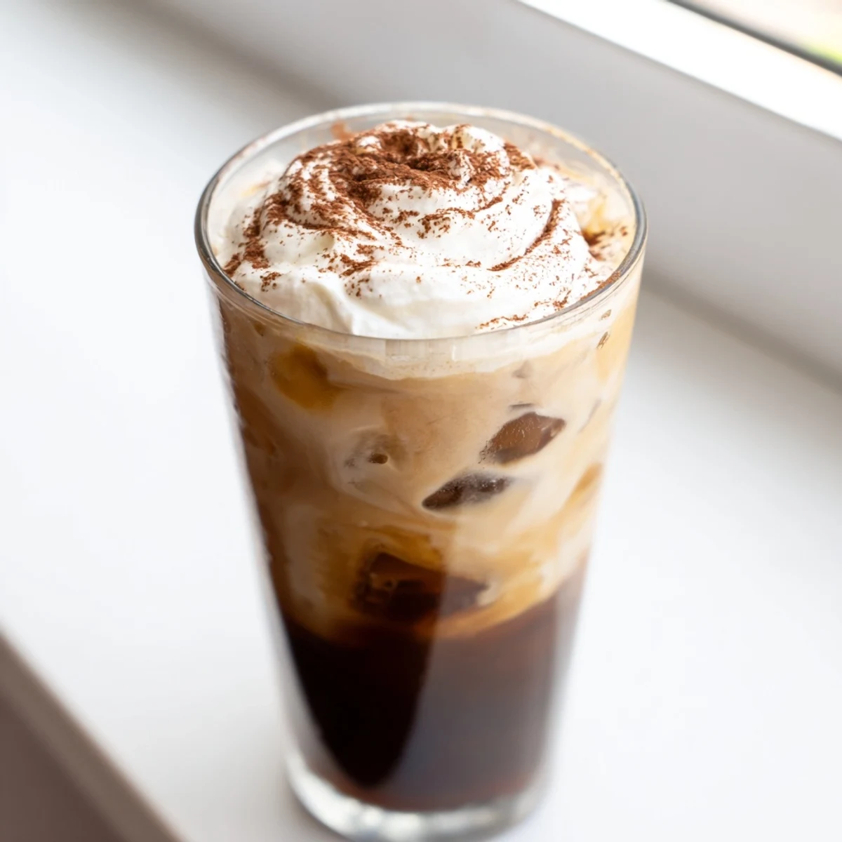 Cold glass of sweetened iced coffee with ice cubes and splash of cream on counter