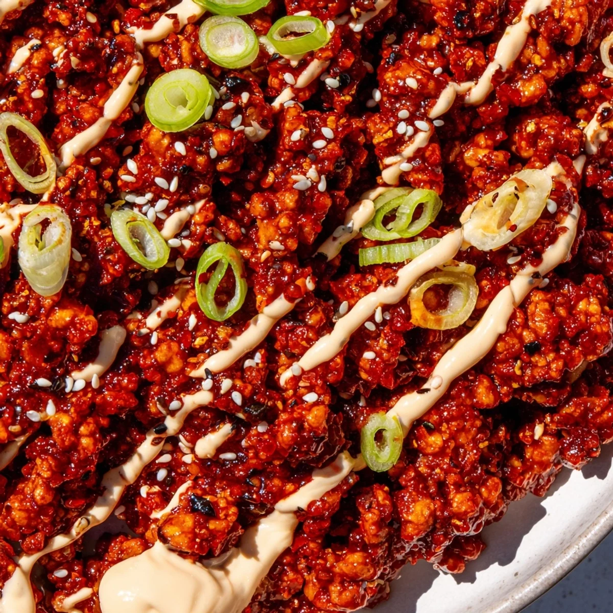 Spicy firecracker ground chicken bowl with fluffy jasmine rice and crisp fresh vegetables