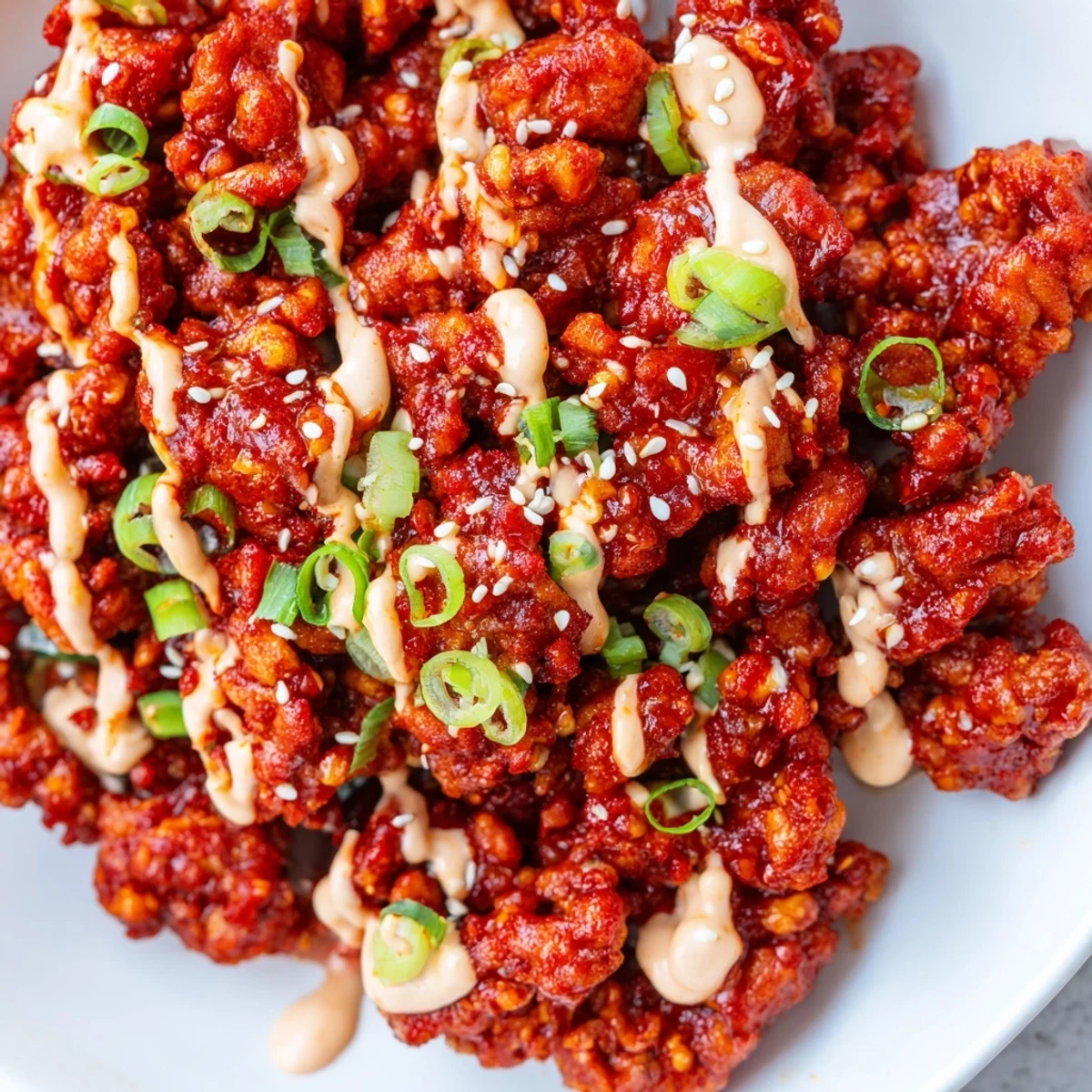 Vibrant Asian-inspired firecracker chicken bowl topped with creamy sriracha drizzle and sesame seeds