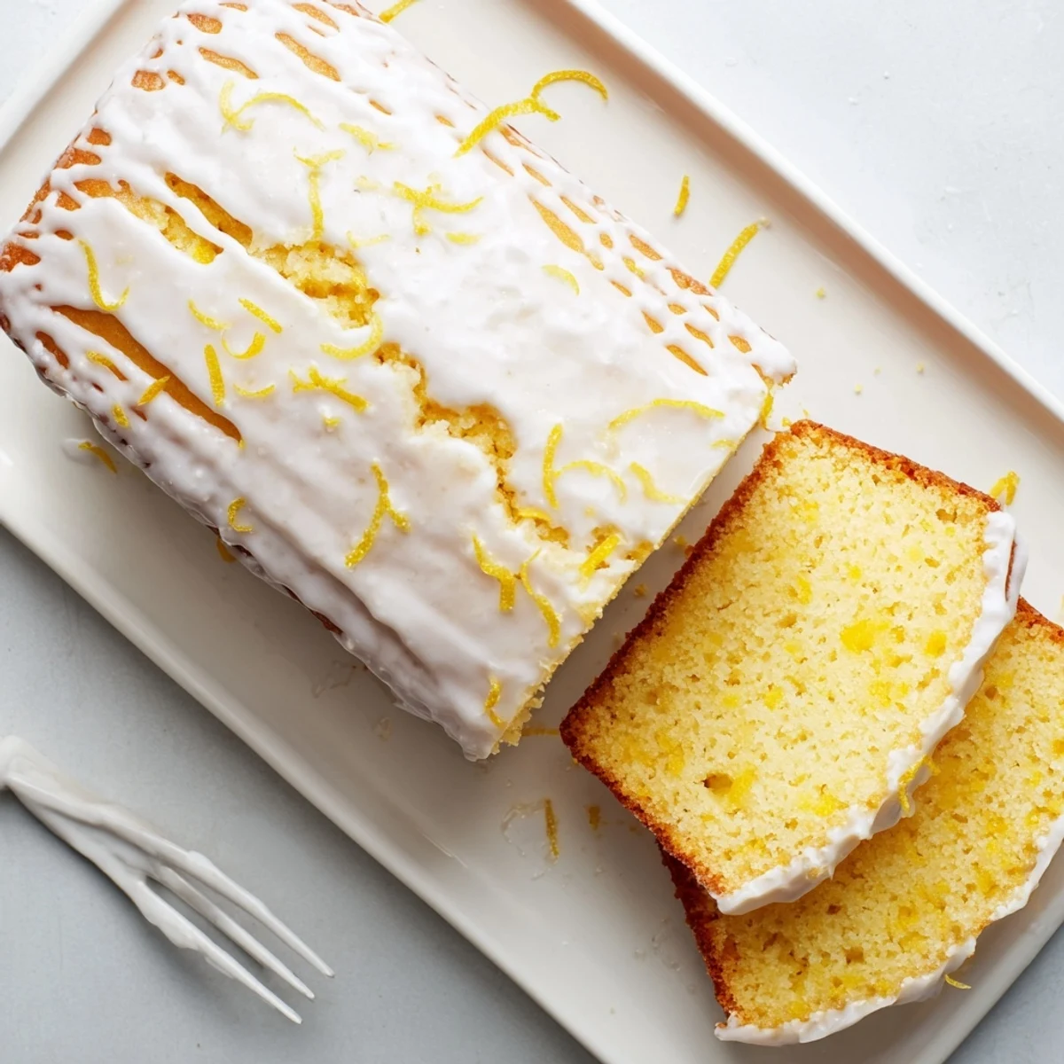 Golden bright lemon loaf sliced to reveal tender zesty crumb with powdered sugar topping