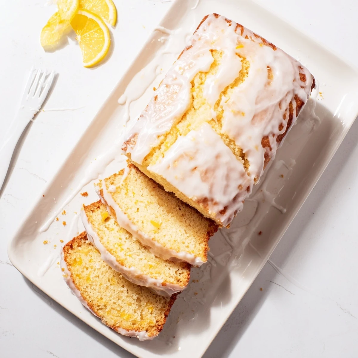 Freshly baked lemon loaf cake with vibrant glaze served alongside afternoon tea accessories