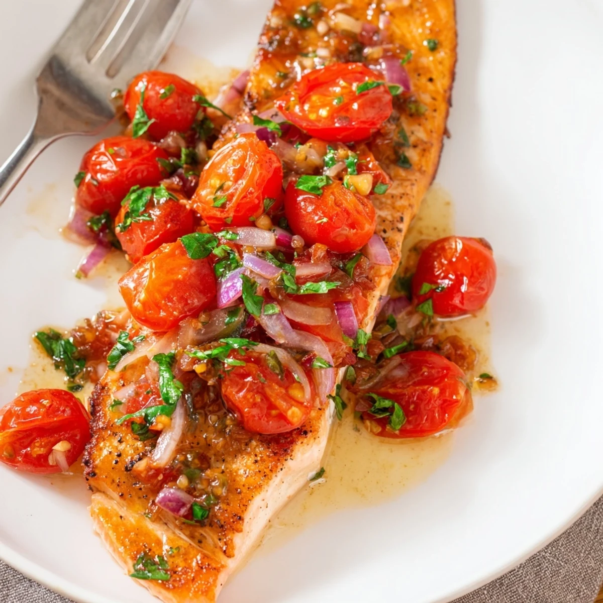 Quick and easy salmon with tomato lemon sauce plated on white dinnerware with bursting cherry tomatoes
