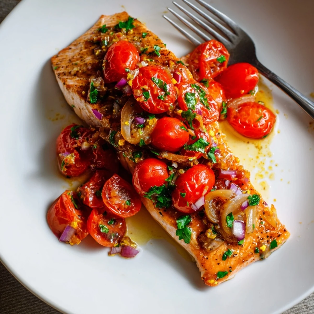 Flaky salmon simmered in vibrant lemon garlic tomato sauce, garnished with chopped parsley and served warm