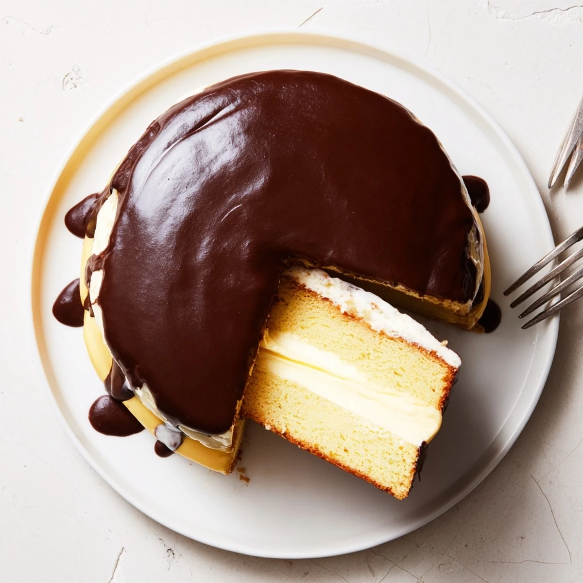 Homemade Boston Cream Pie with golden sponge cake layers filled with rich vanilla custard