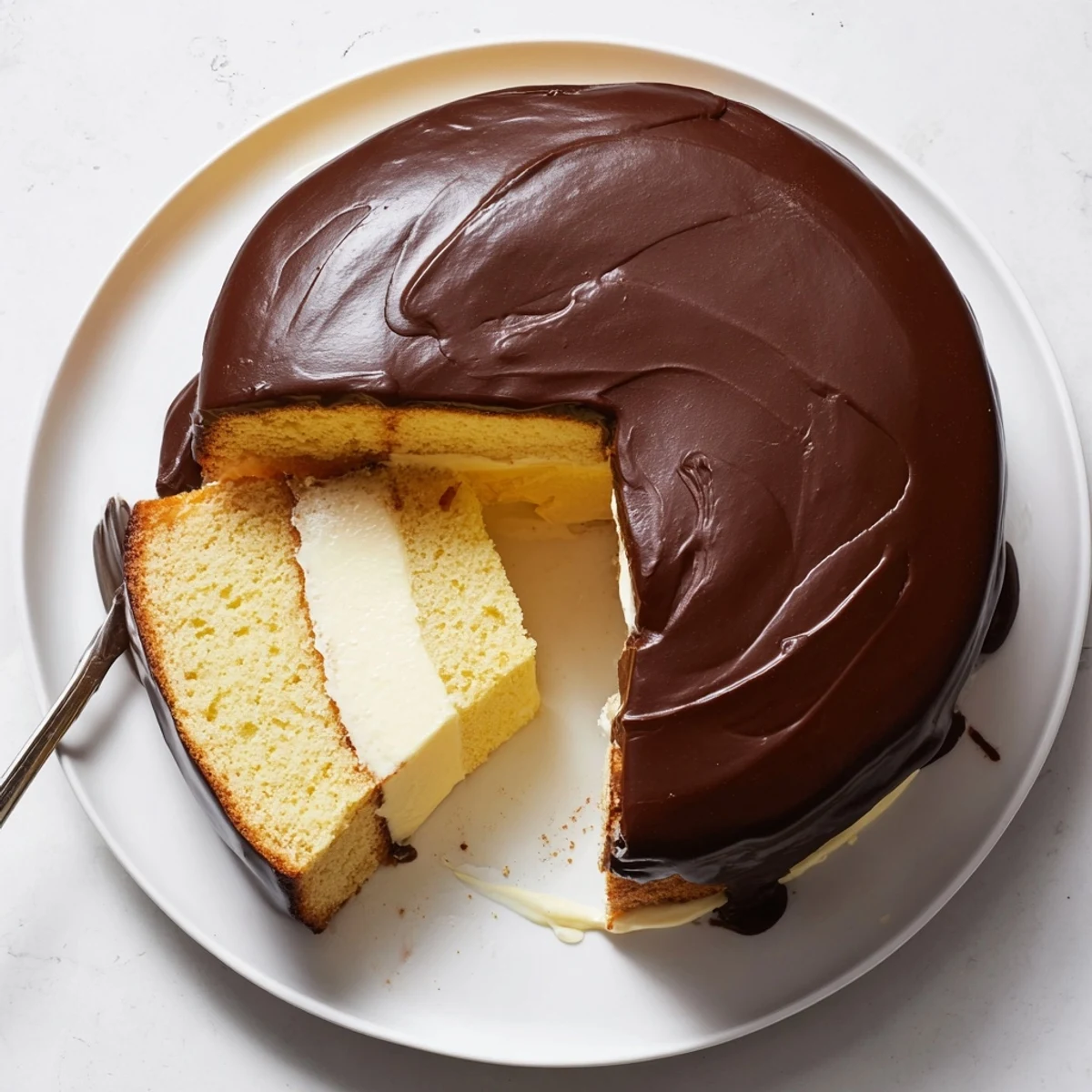 Classic Boston Cream Pie topped with glossy chocolate ganache drizzling down the sides