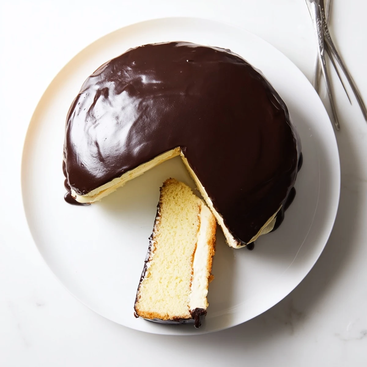 Slice of Boston Cream Pie showcasing creamy vanilla pastry cream between tender cake layers