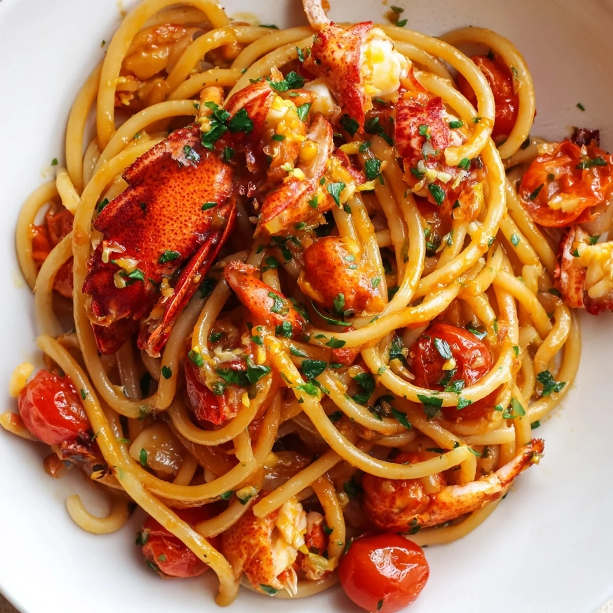 Golden lobster bucatini pasta tangled in rich tomato sauce with garlic butter