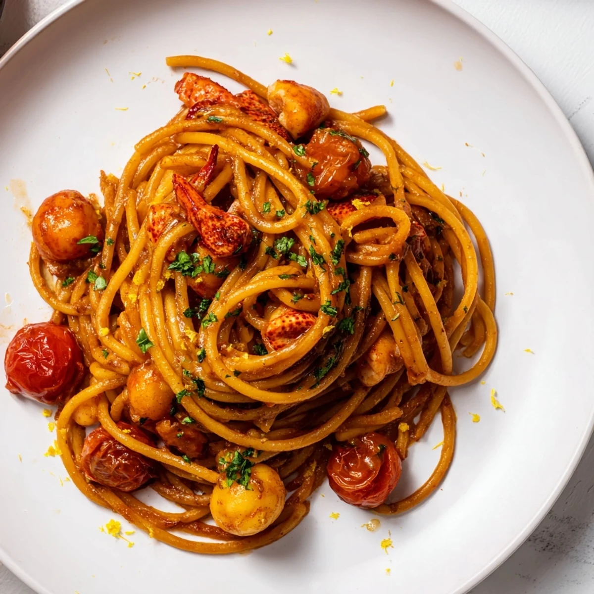 Lobster bucatini pasta plated with tender chunks in white wine tomato reduction