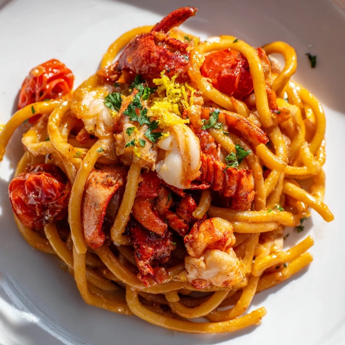 Bucatini pasta tossed with succulent lobster in garlicky lemon butter sauce