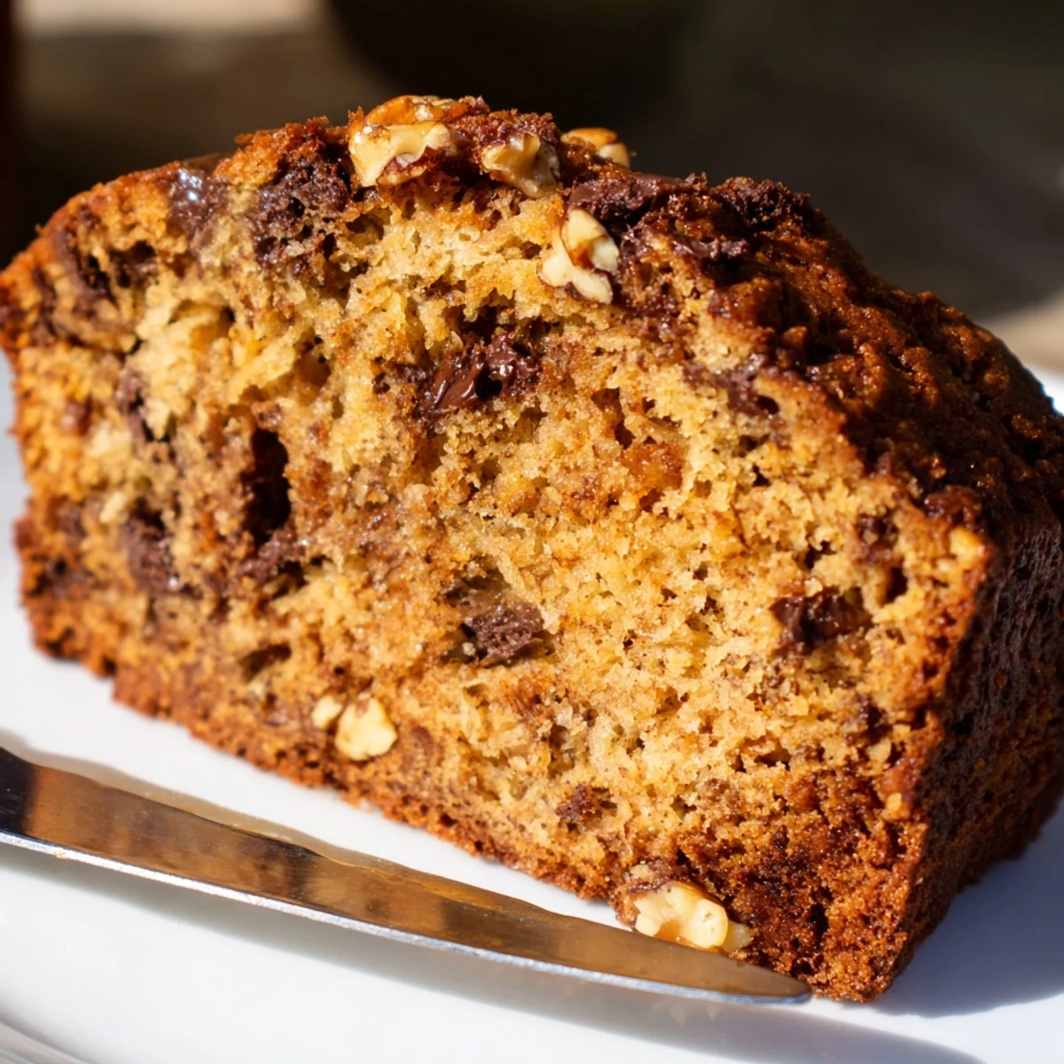 Golden brown moist banana bread loaf with a cracked top, fresh from the oven and dusted with cinnamon