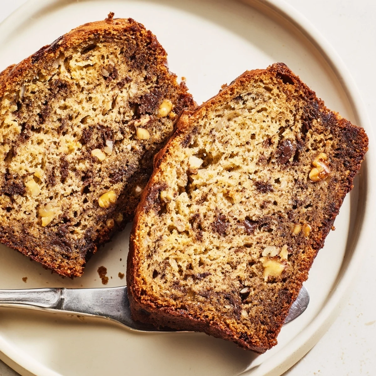 Sliced moist banana bread revealing its tender crumb, served on a rustic wooden board with walnuts scattered nearby