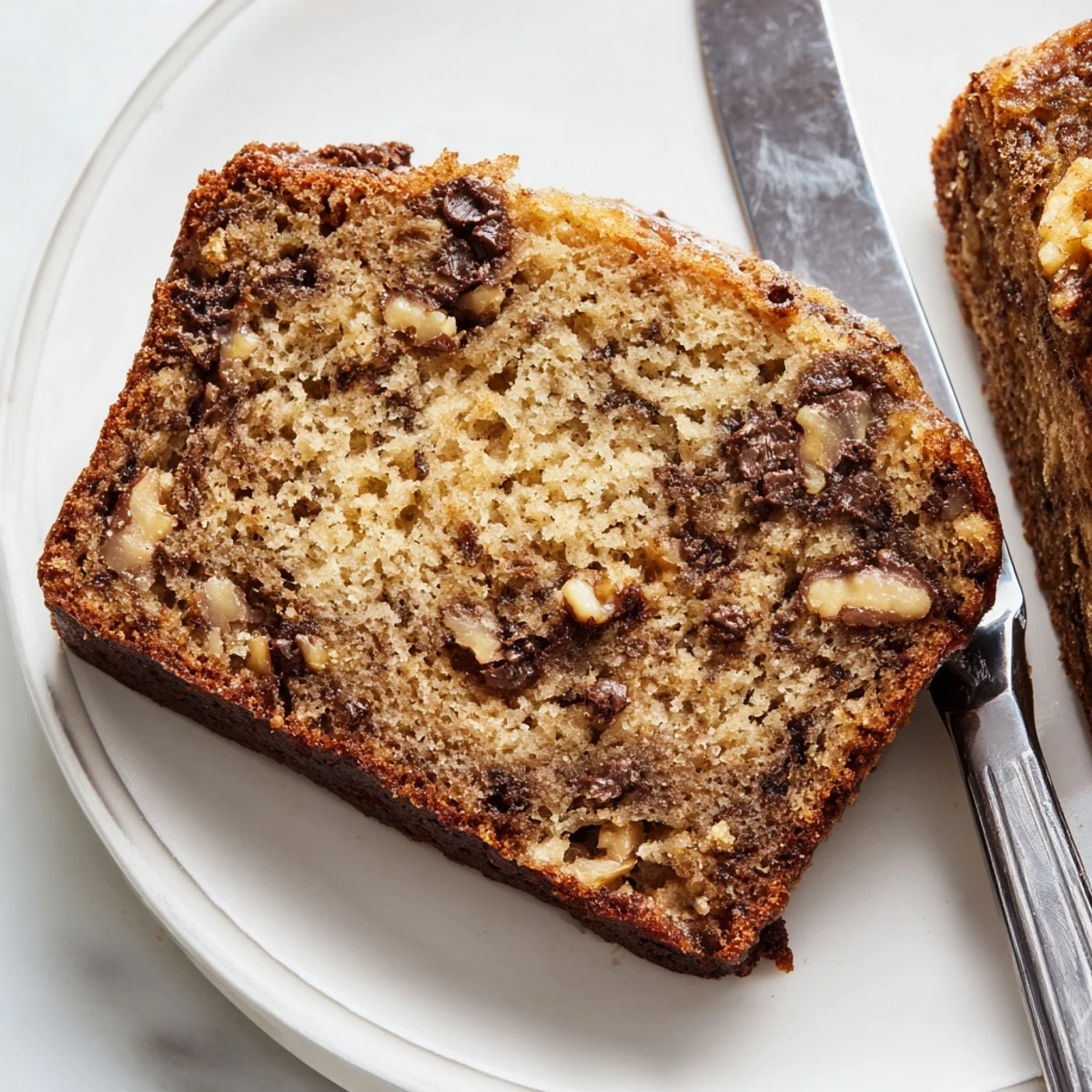 Thick slice of classic moist banana bread on a white plate, topped with melting butter and banana chips