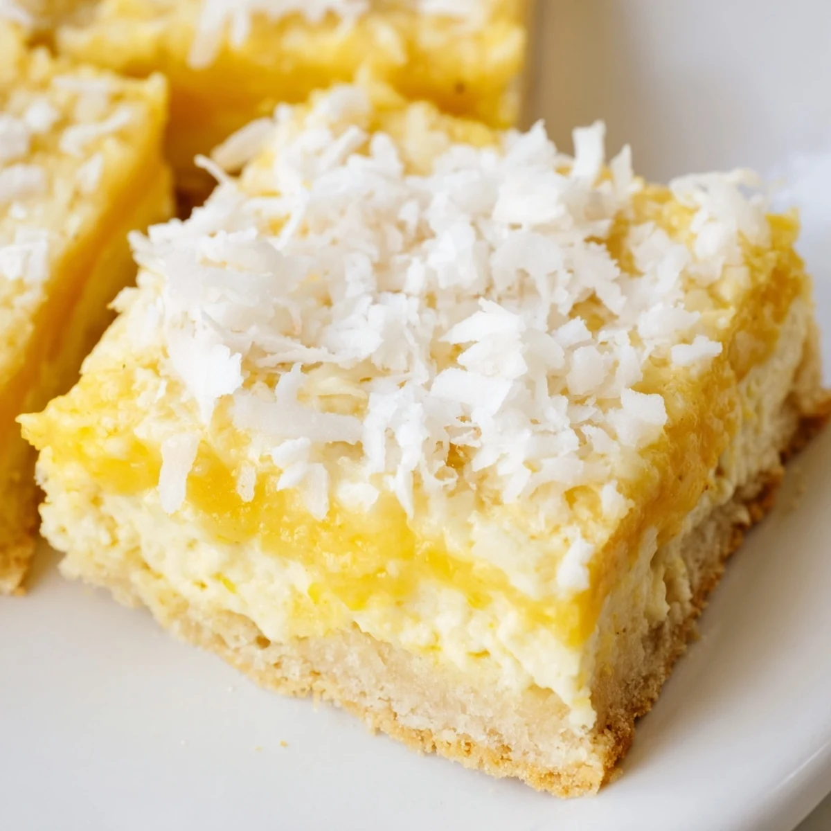 Golden mango coconut bars with coconut topping on a white plate