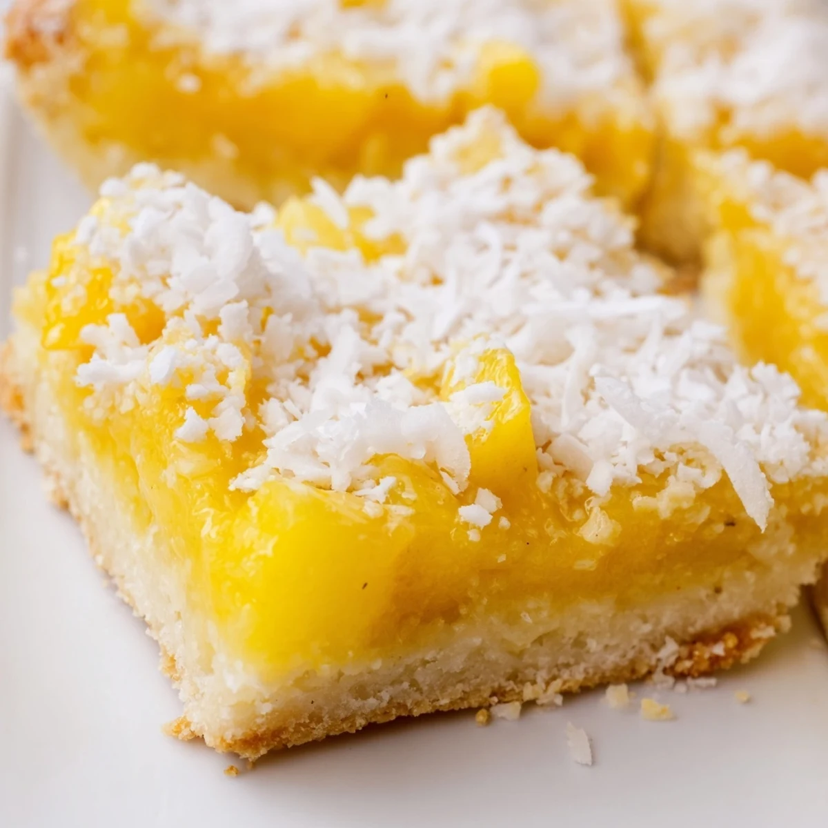 Freshly baked mango coconut bars cut into squares on serving platter