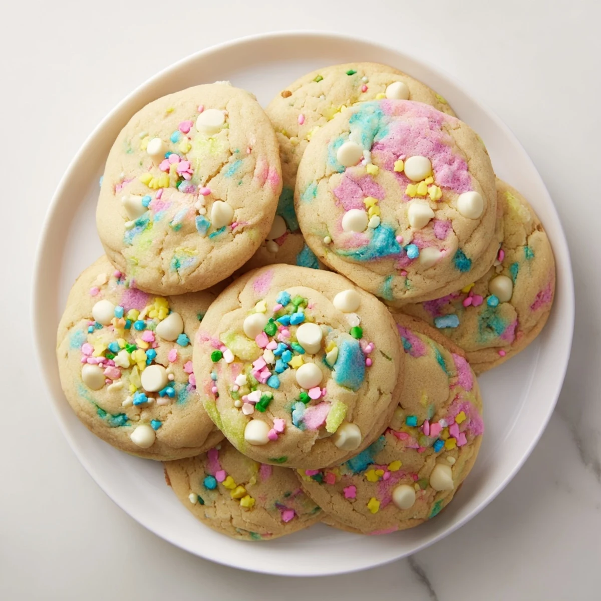 Soft buttery Easter Funfetti Cookies with pastel sprinkles scattered across golden brown edges