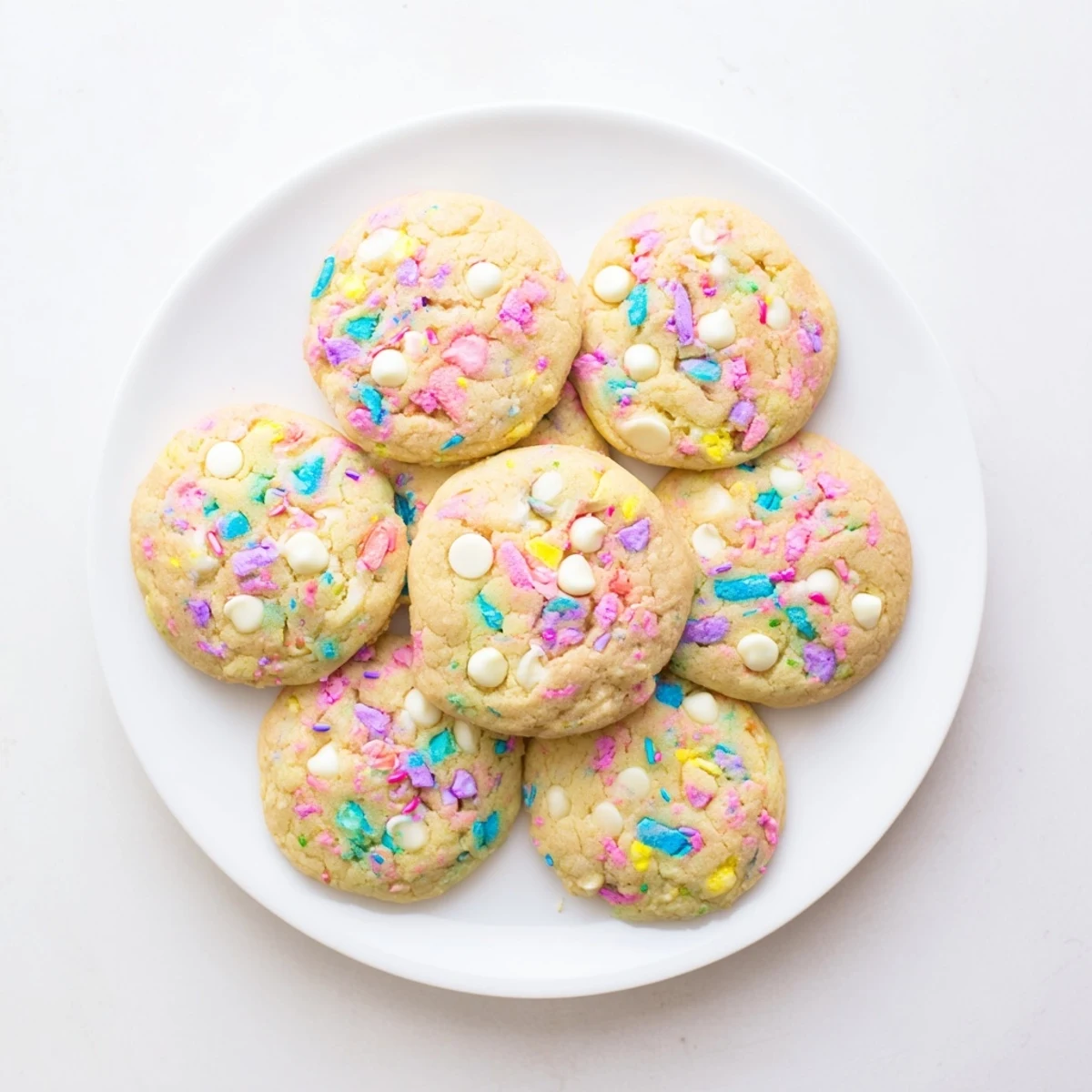 Plate of soft Easter Funfetti Cookies topped with white chocolate chips and bright jimmies