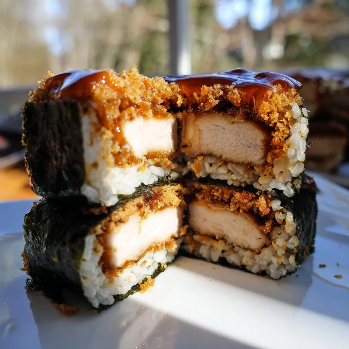 Golden brown chicken katsu layered between seasoned white rice blocks wrapped in nori seaweed