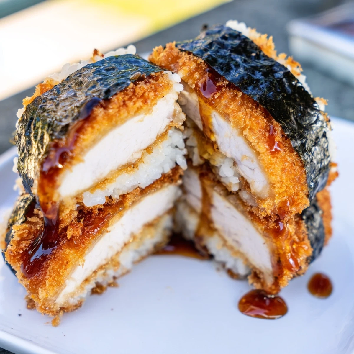 Crispy fried chicken katsu musubi slices drizzled with savory tonkatsu sauce on white plate