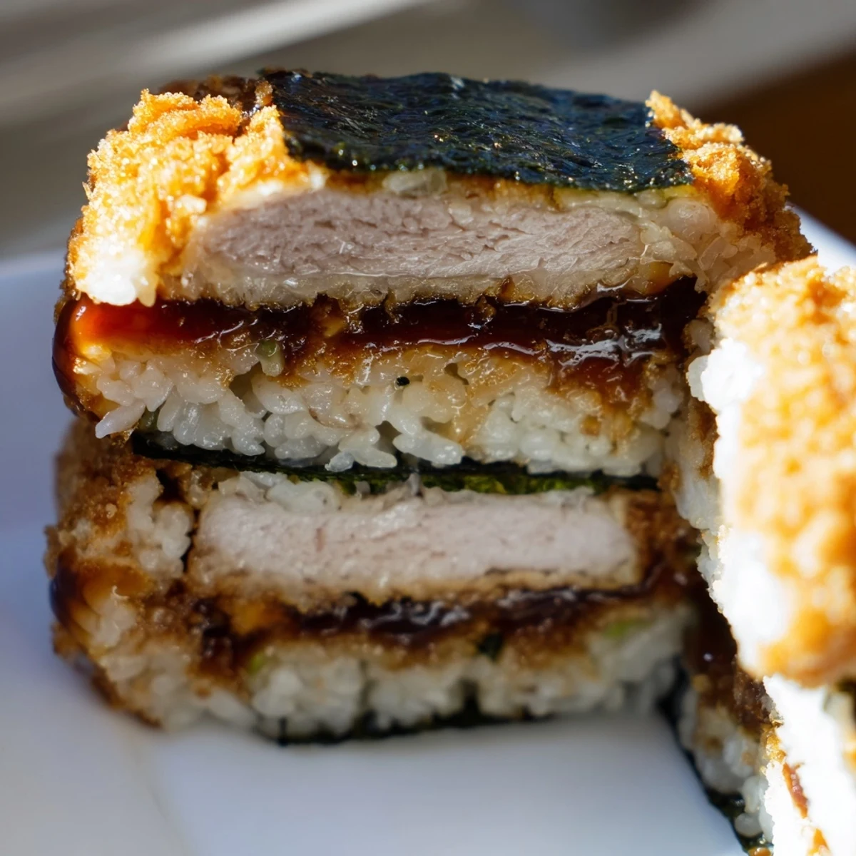 Handheld Hawaiian Japanese chicken katsu musubi featuring crispy panko crust and vinegar seasoned rice