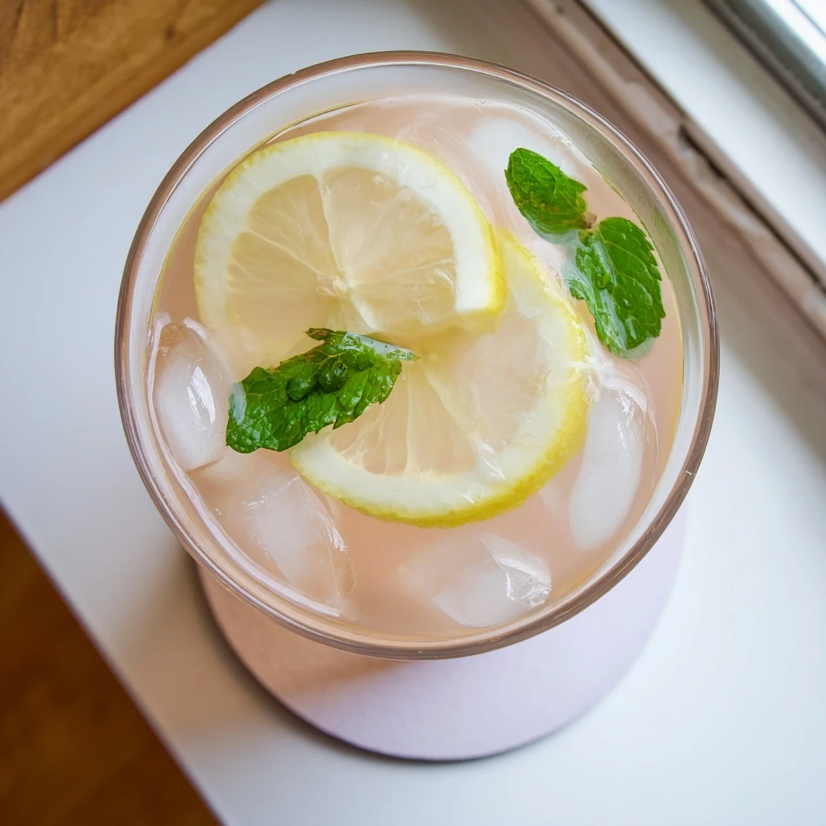 Refreshing guava white tea lemonade poured over ice in a clear pitcher with floating lemon wedges