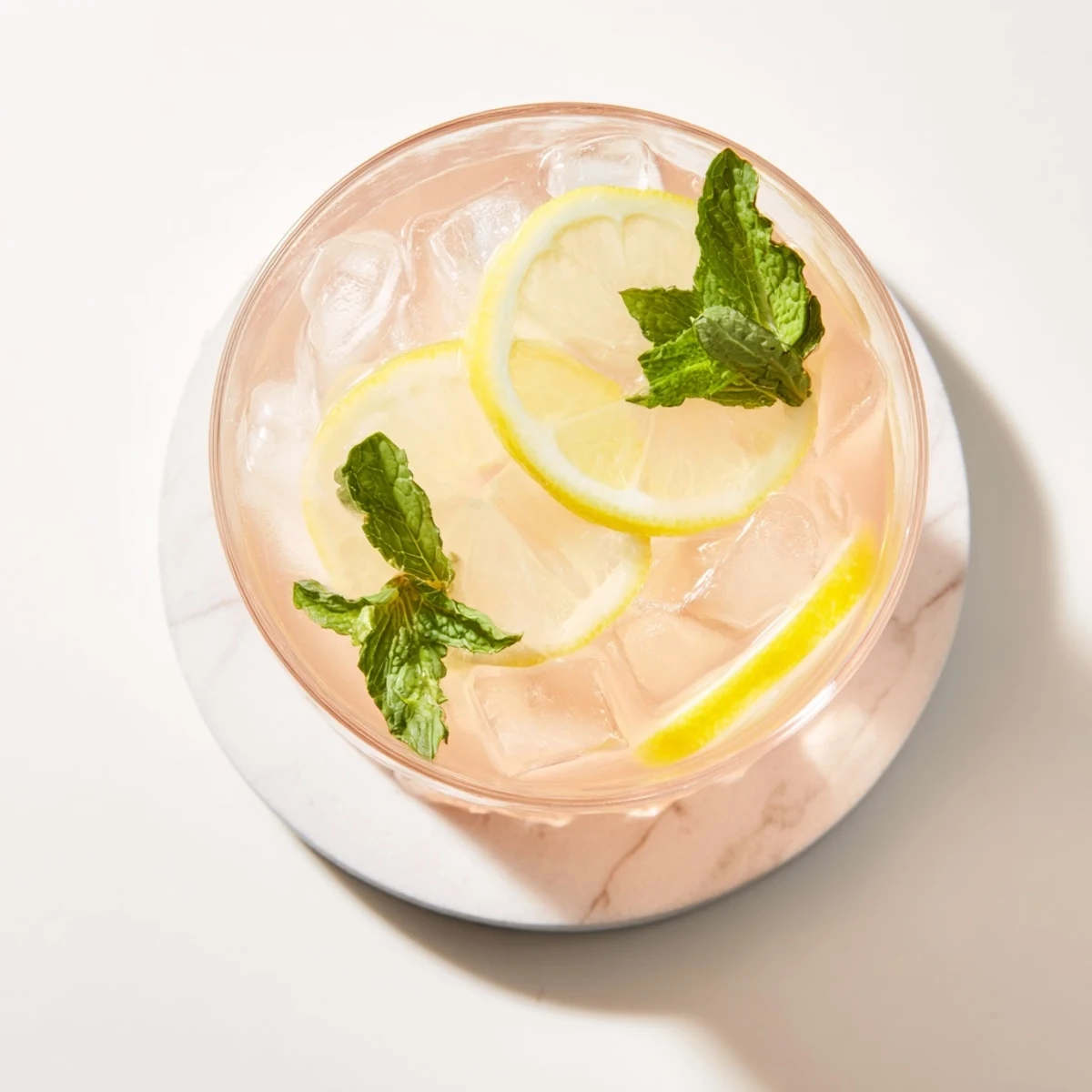 Tall glass of pink guava white tea lemonade garnished with fresh lemon slices and mint leaves