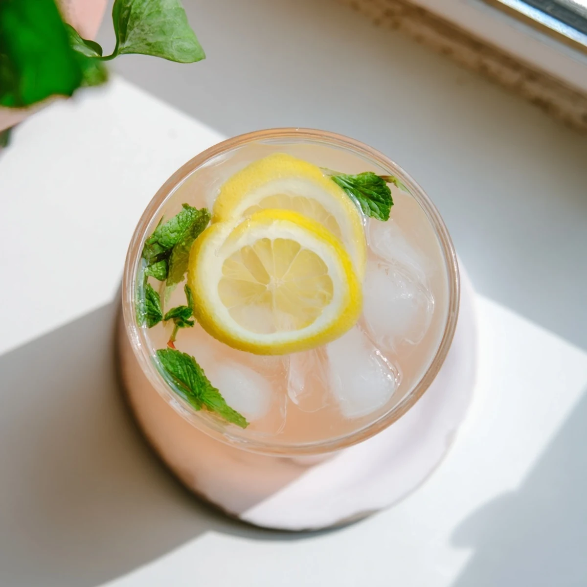 Tropical guava white tea lemonade drink served with ice cubes and citrus garnish on wooden table