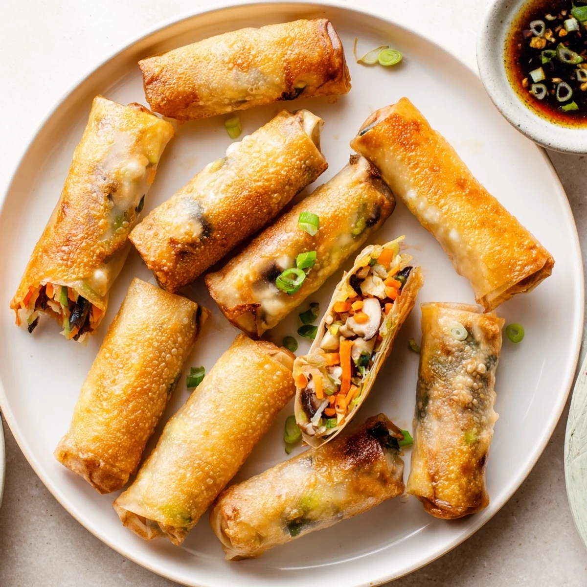 Crispy rice paper spring rolls arranged on serving board with tangy dipping sauce in small bowl
