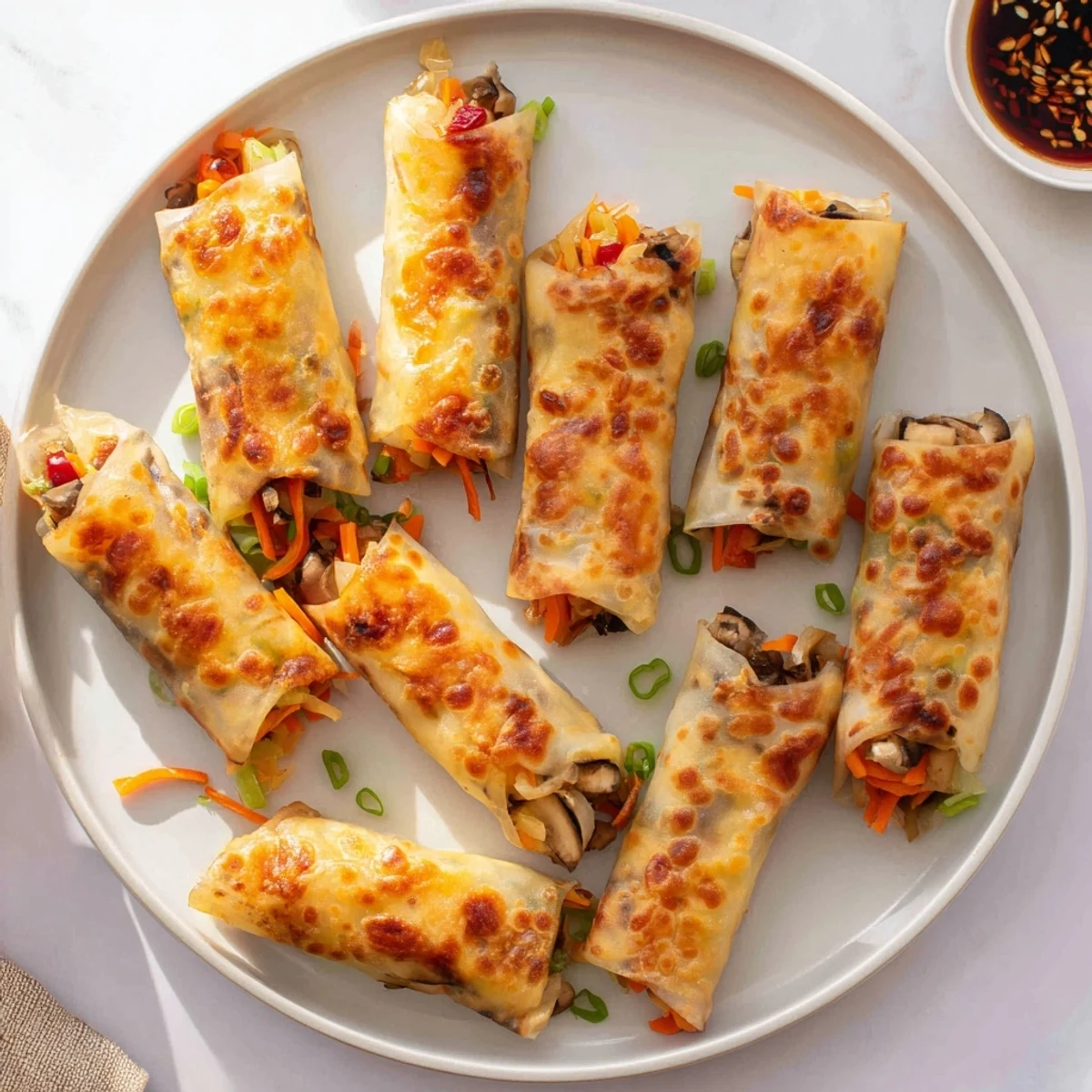 Golden crispy rice paper spring rolls with savory vegetable and chicken filling on a white plate