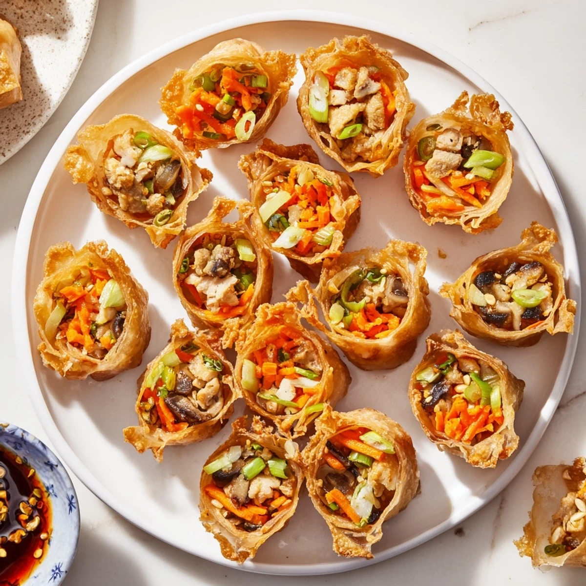 Homemade crispy rice paper spring rolls plated alongside fresh lettuce leaves for authentic Asian-style appetizer