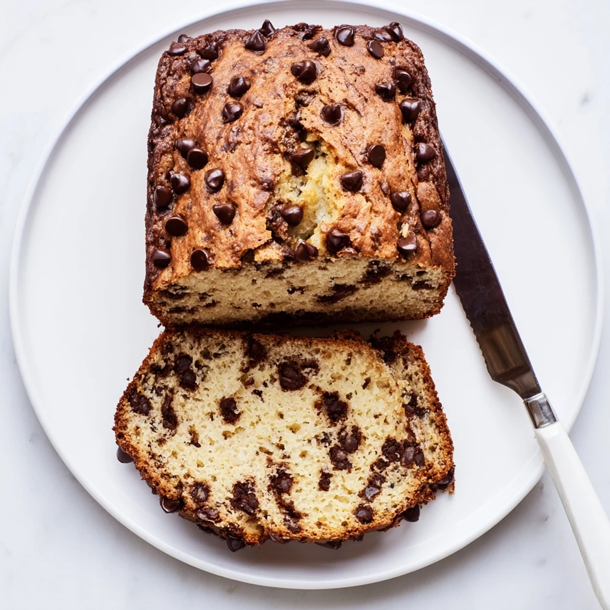 Thick slice of moist chocolate chip banana bread studded with semi-sweet morsels