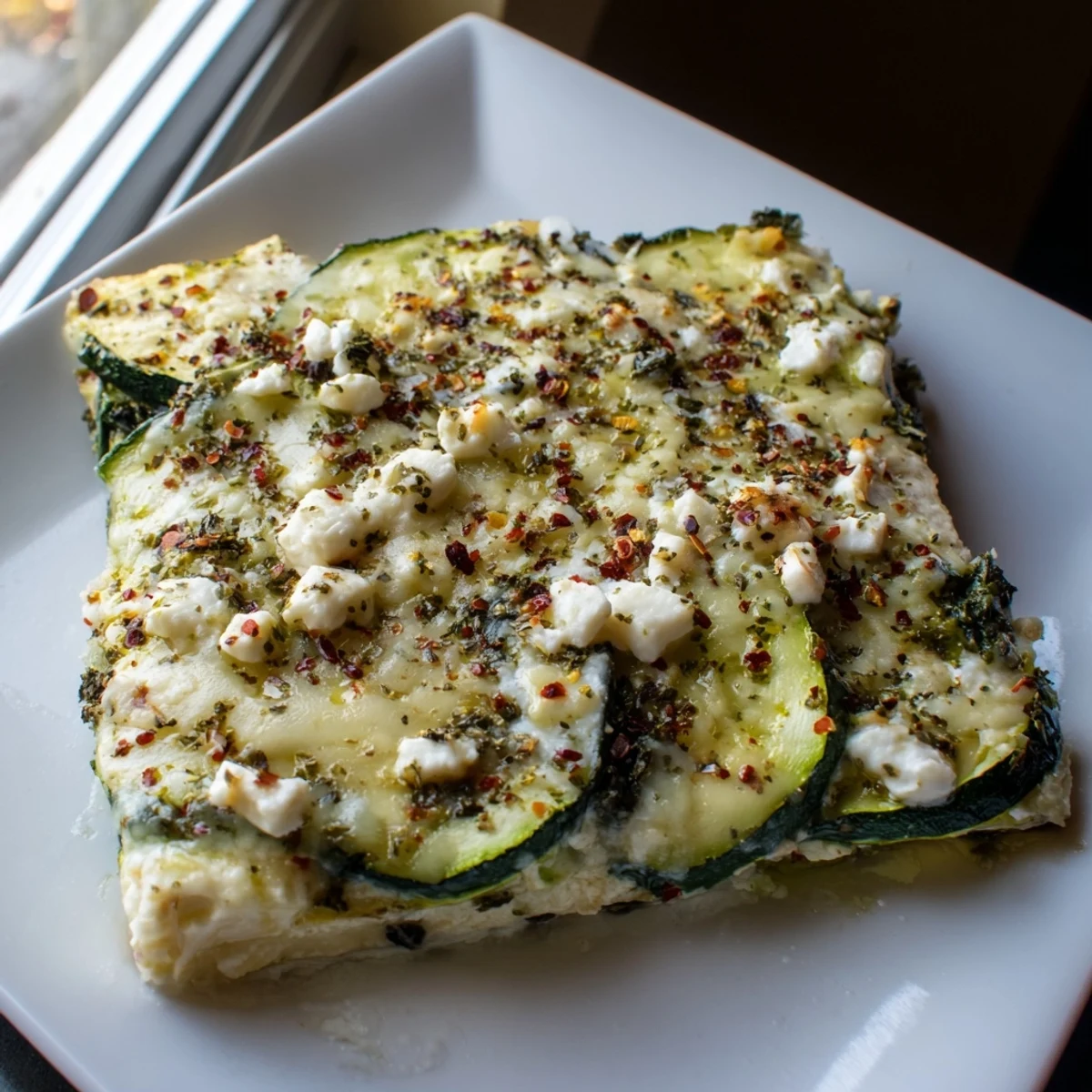 Golden baked zucchini spinach feta casserole with bubbling cheese topping and tender layered vegetables