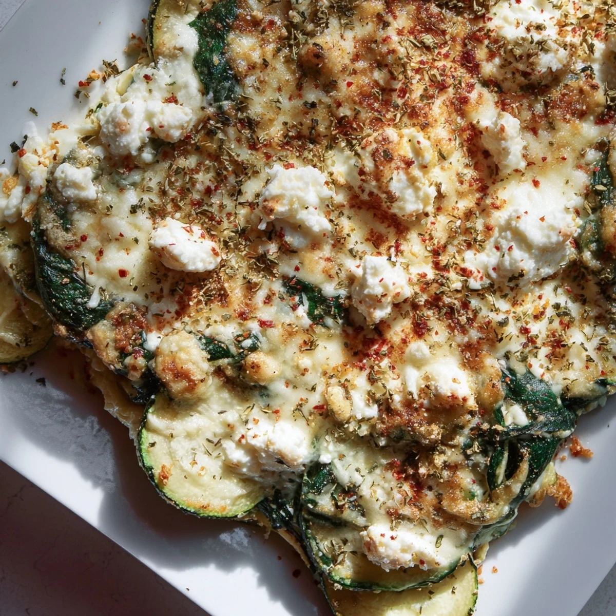 Wholesome Mediterranean casserole featuring sliced zucchini fresh spinach and crumbled feta baked until golden
