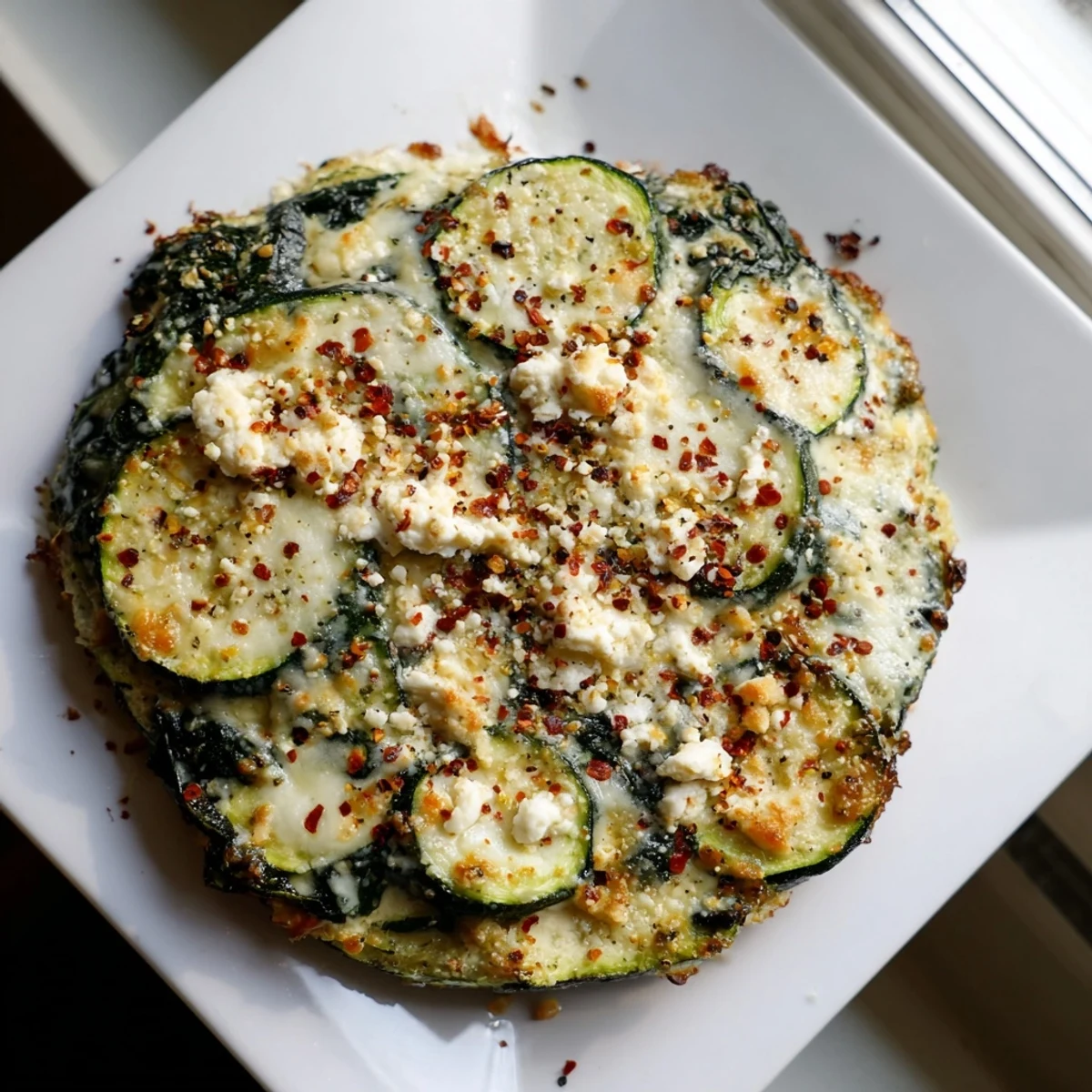 Savory layered zucchini and spinach casserole with melted feta and mozzarella cheese golden brown topping