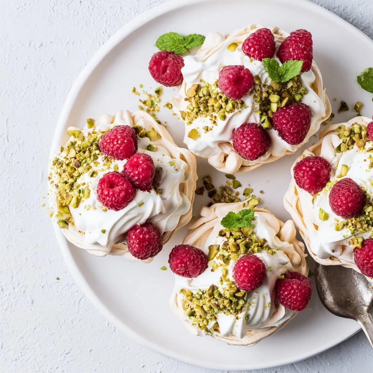 Golden pistachio meringue nests topped with whipped cream and fresh raspberries
