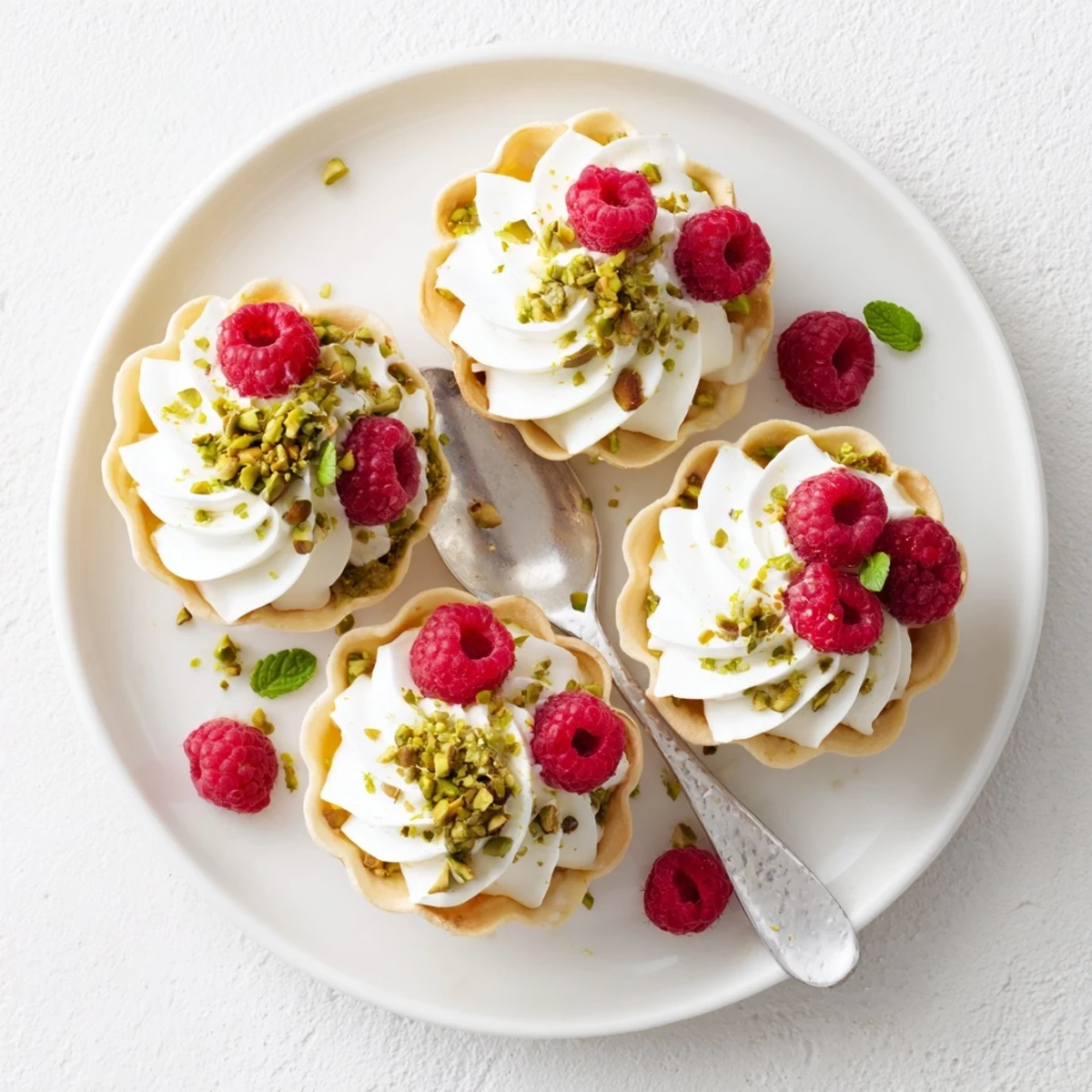 Delicate pistachio meringue nests drizzled with whipped cream and juicy berries