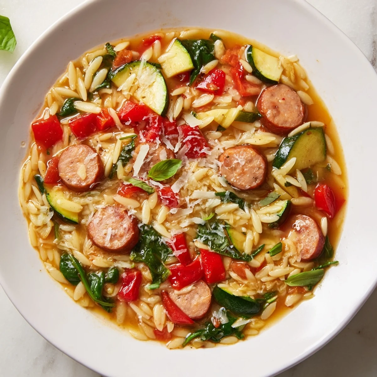 Golden chicken sausage orzo one pot meal with colorful vegetables and fresh spinach