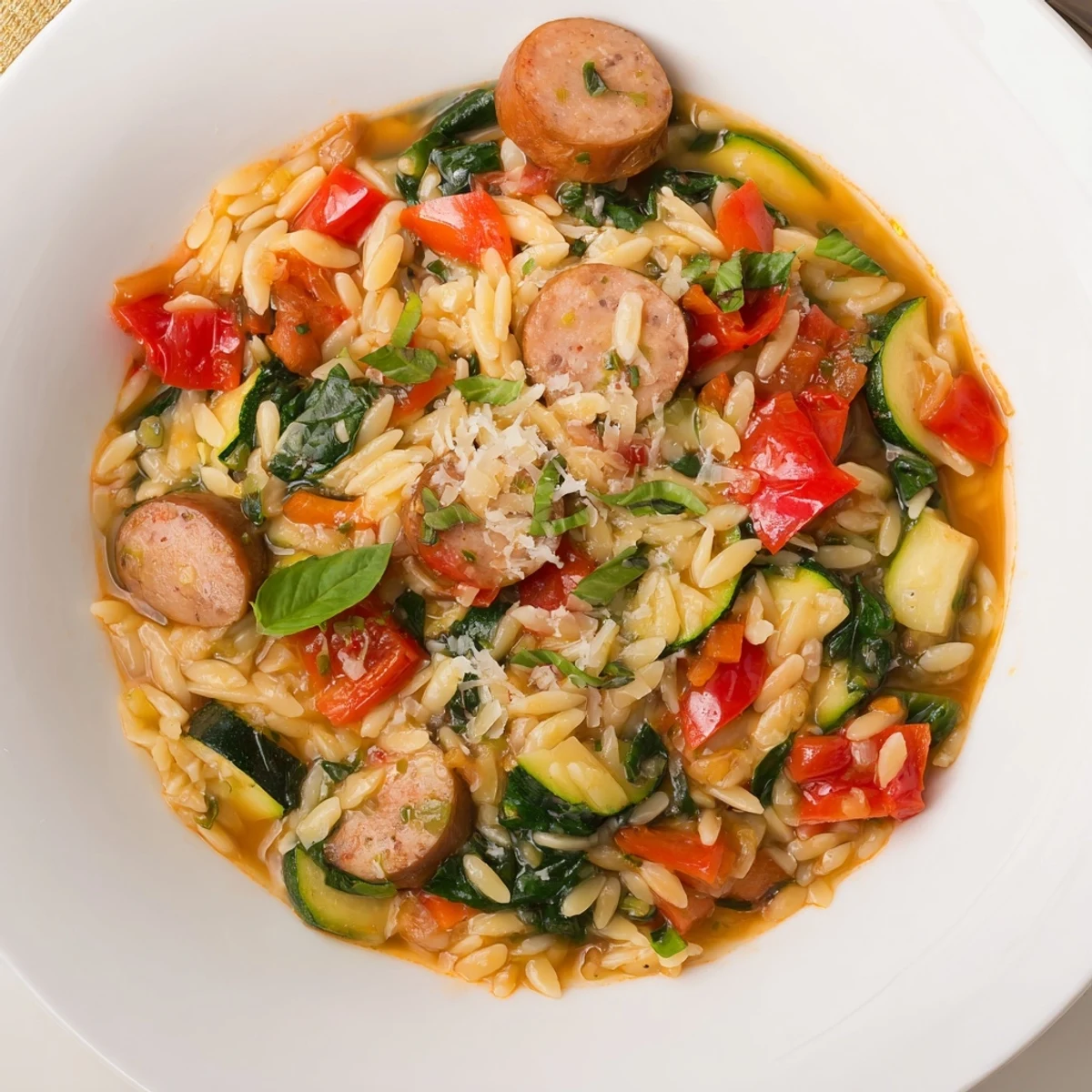 Savory chicken sausage orzo simmered in one pot with tender pasta and roasted veggies