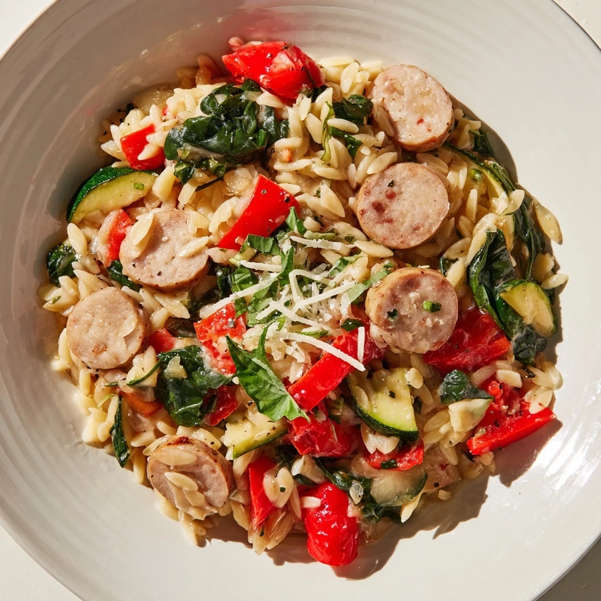 Hearty chicken sausage orzo one pot dinner topped with parmesan and fragrant herbs