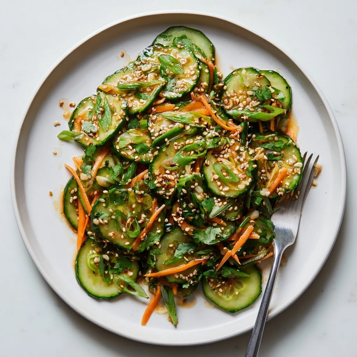 Colorful bowl of Asian cucumber salad tossed with rice vinegar dressing and topped with chopped cilantro and green onions