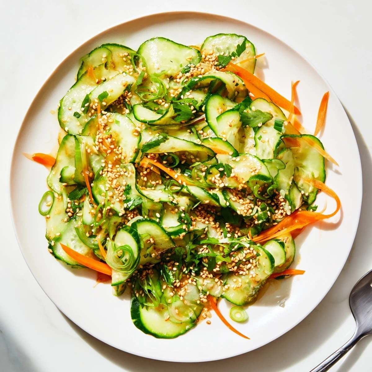 Fresh crisp Asian cucumber salad featuring thinly sliced cucumbers in tangy sesame soy dressing with sesame seed garnish