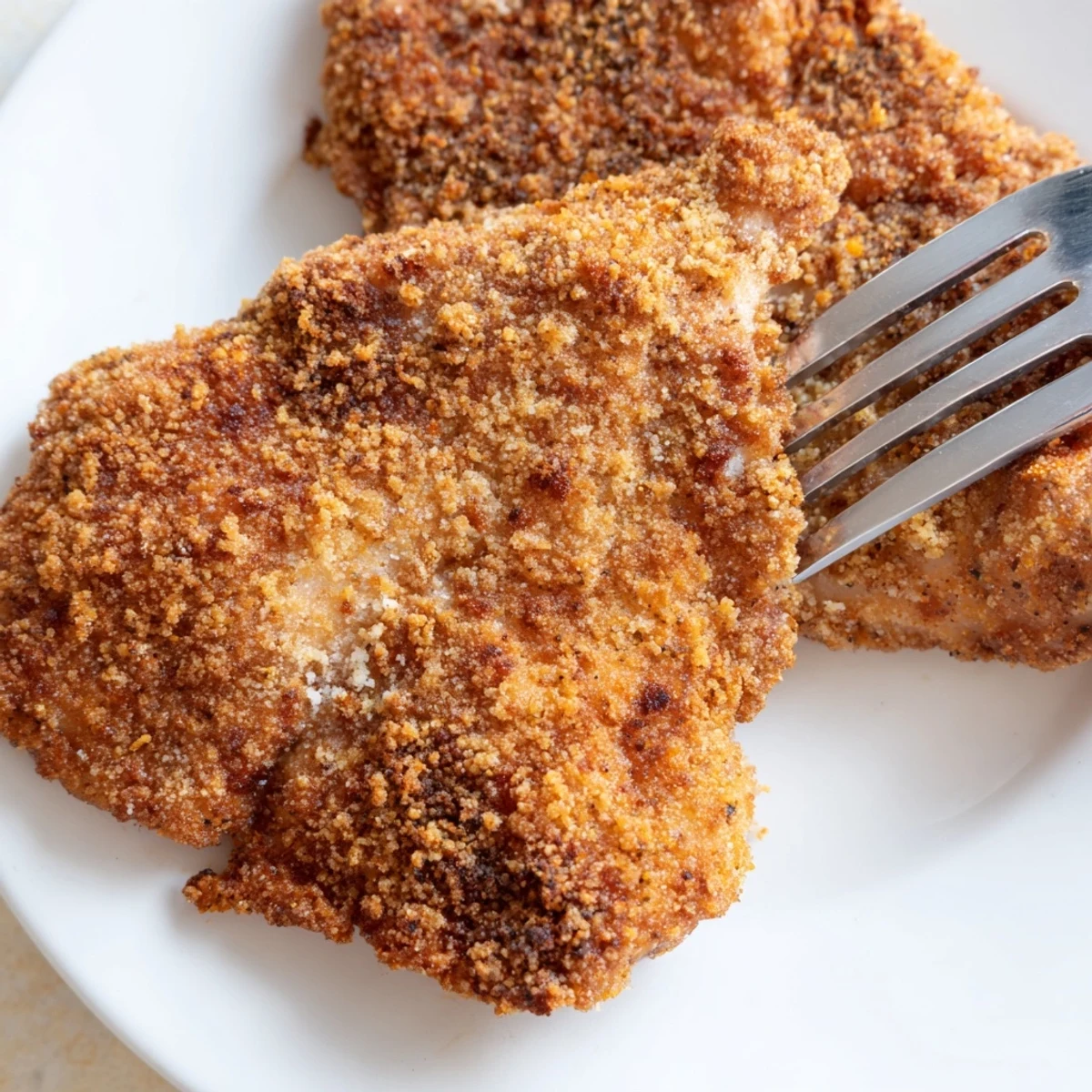 Golden brown crispy chicken fried chicken resting on a wire rack with visible seasoning specks