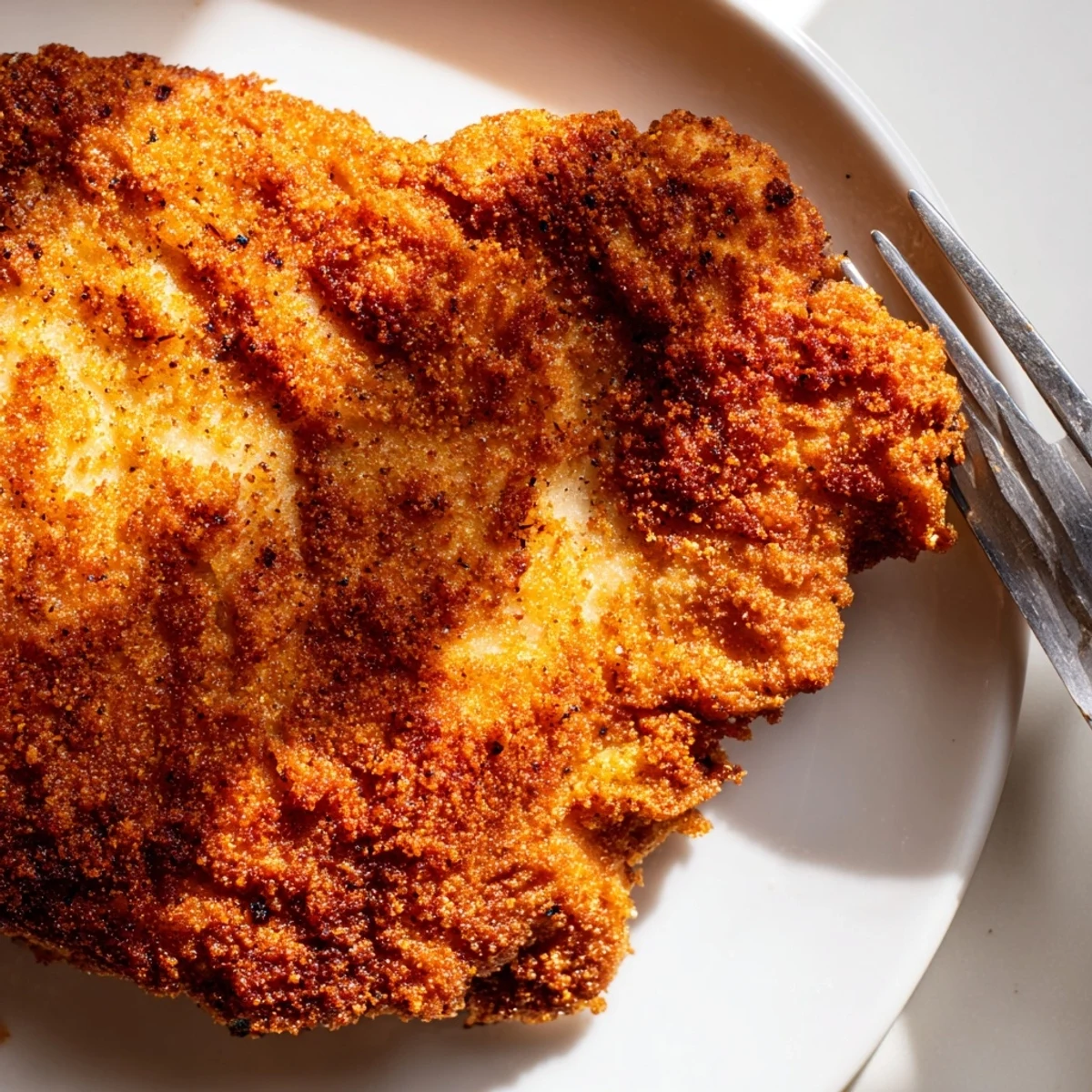 Double-dipped crispy chicken fried chicken showing crunchy textured coating on a white serving platter